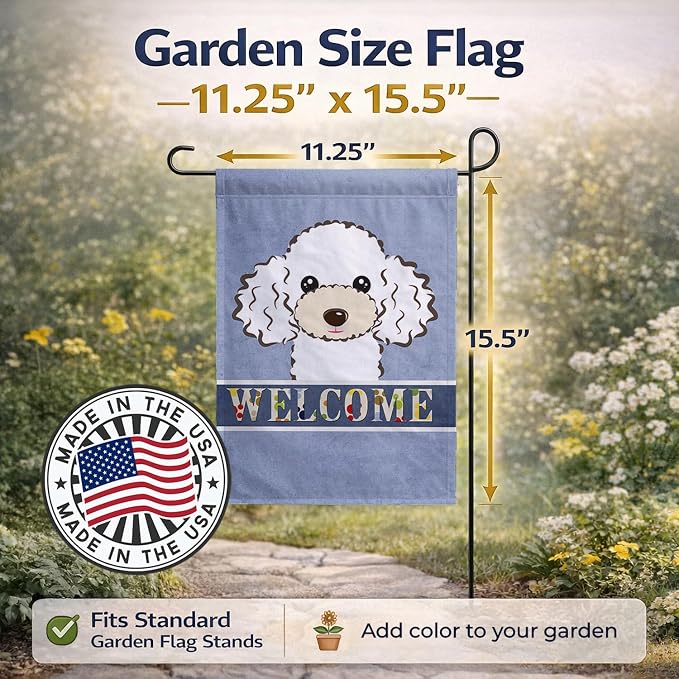 Caroline's Treasures BB1443GF White Poodle Welcome Garden Flag, Blue Mailbox Flag Decorative Yard Flag Banner Outside Patio Artwork Yard Flower Beds, Garden Size, Multicolor