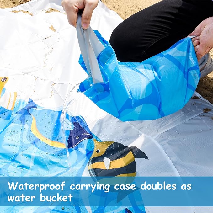 6.6 X 6.6 Ft Baby Beach Pool, 2 in 1 Portable Kids Beach Play Pool Puddle Toddler Beach Blanket and Kiddie Pools Blue Cartoon Childs Sand Pit Paddling Pools with Water Bag for Boy Girl Outdoor Camping