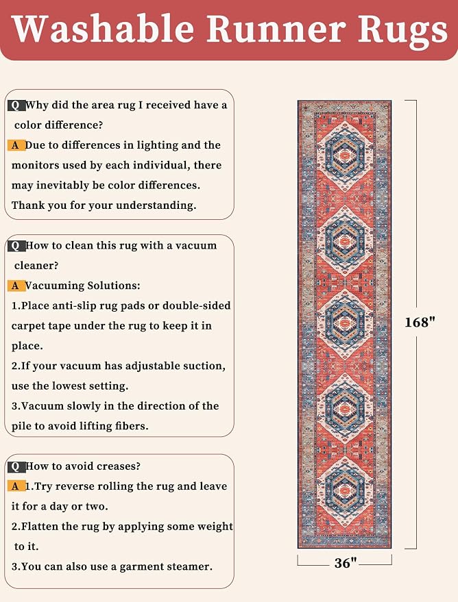 SERISSA 3x14 Washable Non Slip Boho Runner Rug for Hallway，Rust | Ultra Soft Vintage Oriental Carpet Low-Pile Extra Long Tribal Floor Carpet for Stair Kitchen Bedroom Bathroom Laundry Room