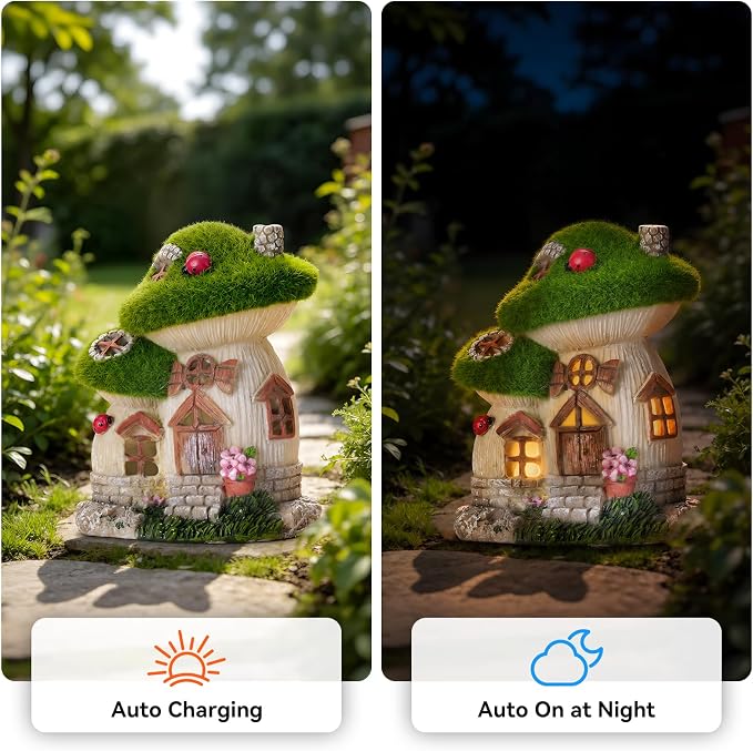 Mushroom Fairy Garden House, Solar Fairy House for Outside Decor, Outdoor Yard Garden Statues for Lawn, Balcony Patio, Outdoor Figurine Lights Gifts for Mom Women
