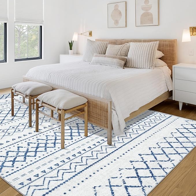 Area Rug for Living Room 6x9: Large Washable Boho Moroccan Rugs Geometric Neutral Rug, Non-Slip Foldable Morden Farmhouse Indoor Floor Carpet for Bedroom Dining Table Home(Blue,6'X9')