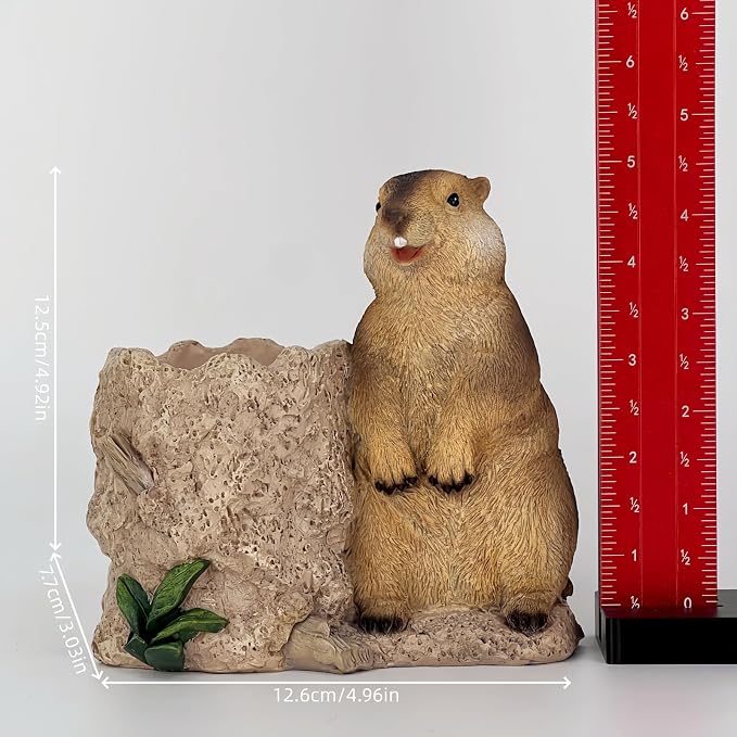 Groundhog Resin Figurine Planter, Animal Figurine Pen Holder, Decorative Indoor Outdoor Flower Pot, Nature Theme Garden Decor, Statue Sculpture (Brown)