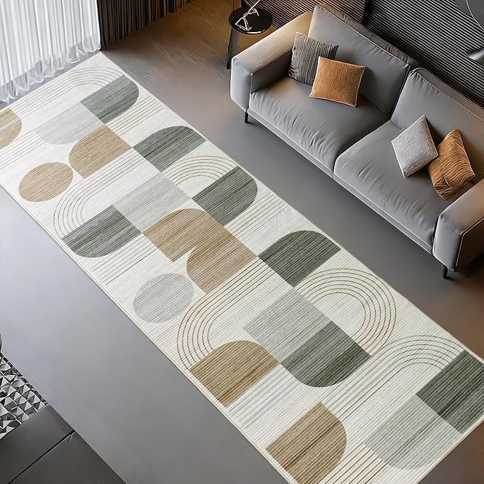 Soft Modern Geometric Abstract Machine Washable 2.7x8 Runner Rug | Beige Rugs for Bedroom Living Room, Non-Shedding Faux Wool Indoor Throw Floor Carpet for Office Entryway Dining Room Decor