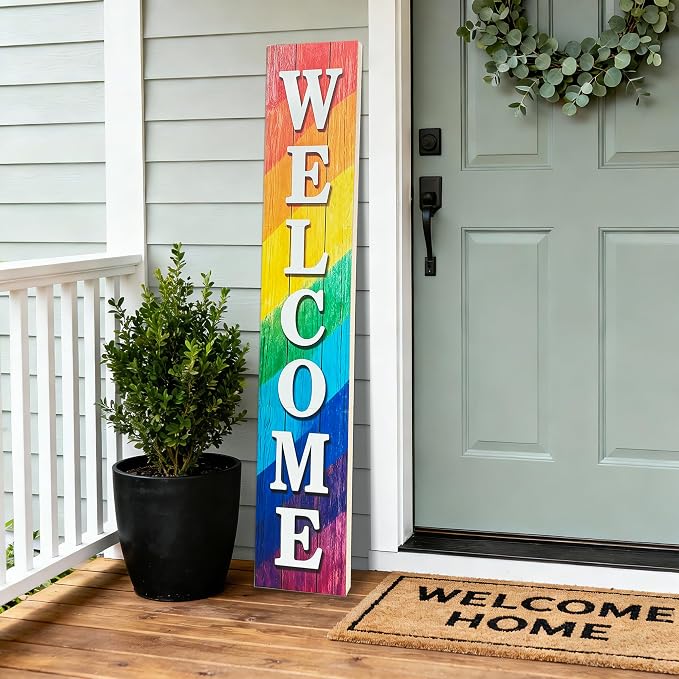 Vertical Wood Welcome Sign for Front Porch Vertical Decorative Sign Front Door Outdoor Indoor Welcome Sign 47.2x7.8 Inch Large Farmhouse Style(Rainbow)