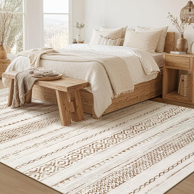 kakania Washable 10x14 Area Rug for Living Room: Boho Geometry Home Decor | Soft Stain Resistant, Low-Pile, Non-Slip, Pet & Kid Friendly, Thin Rug for Bedroom/Dining Room/Kids Dorm - Square Brown
