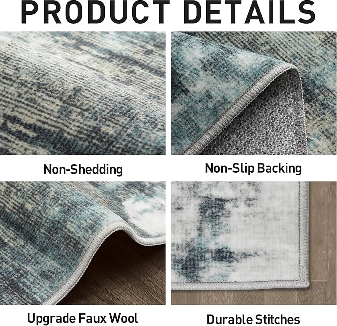 9x12 Area Rugs for Living Room: Washable Abstract Teal Green Badroom Carpet | Non-slip TPE backing makes this washable soft low-pile rug safe & durable, Pet-friendly decor for dining room,nursery,office