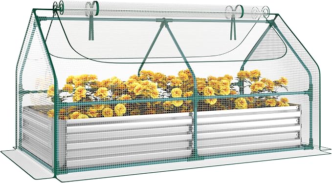Miory Raised Garden Bed with PE Cover, 6x3x1 FT Galvanized Planter Box Outdoor with Greenhouse Cover, 2 Large Zippered Screen Windows for Vegetables, Flowers, Includes Labels & Gloves