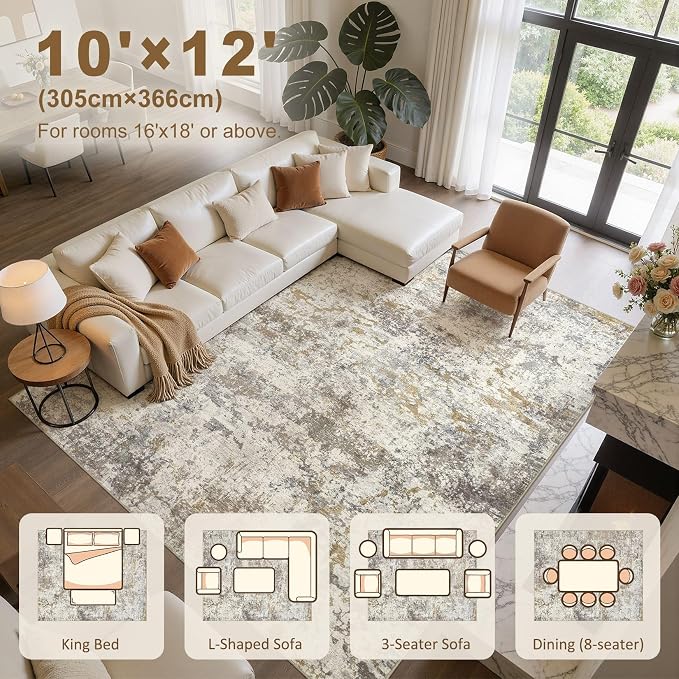 kakania Washable 10x12 Area Rug for Living Room: Abstract Modern Home Decor | Soft Stain Resistant, Low-Pile, Non-Slip, Pet & Kid Friendly, Thin Rug for Bedroom/Dining Room/Kids Dorm - Brown Gold