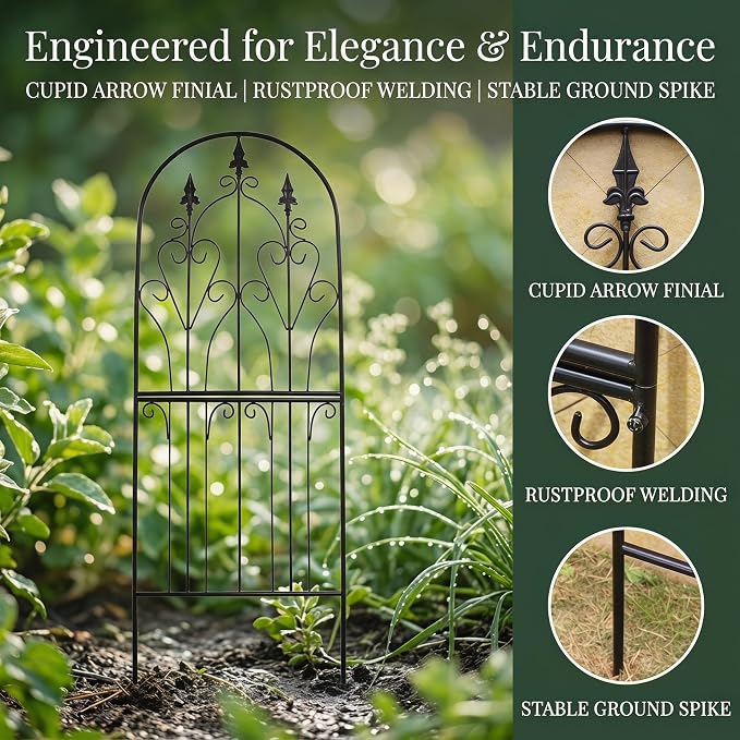 Garden Trellis for Climbing Plants 59" H x 21.7" W Metal Unique Design Decorative Garden Structure Weather-Resistant Lattice Outdoor Decor Flowers Roses Vine Ivy Clematis Black Coating