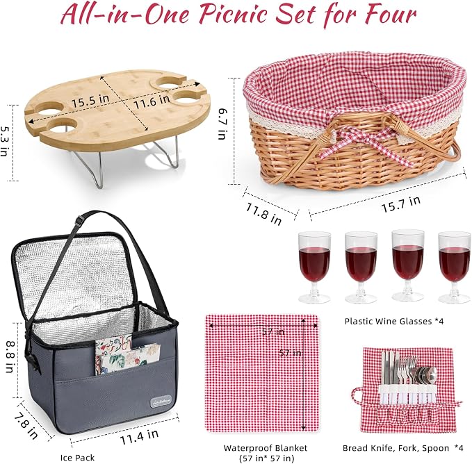 Family Picnic Basket for 4 with Table and Blanket Collapsible Cooler Bag Insulated Picnic Set for Beach Picnic Hamper Picnic Date Essentials for Outdoor Picnic Accessories