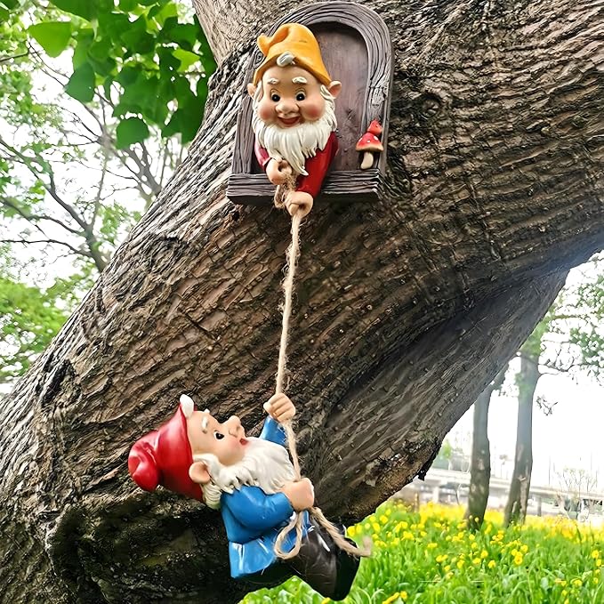 Elenon Climbing Gnomes Tree Faces Decor, Adorable Gnome Tree Hugger Fairy Garden Statue, Funny Peeker Sculpture Outdoor Yard Patio Art (2 Pack)
