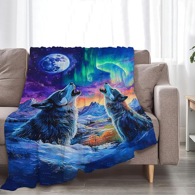 Wolf Throw Blanket Wolfs Animal Gifts for Girls Women Men Boys Plush Cozy Flannel Fleece Fuzzy Landscape Blankets Decor 60"X50"