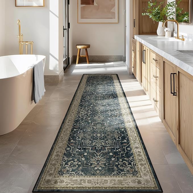 Medallion Hallway 2x8 Runner Rug, Washable Non Slip Entryway Runner Indoor, Low Pile Thin Vintage Distressed Carpet Runners 8ft for Kitchen/Bedroom Bedside/Laundry Room/Bathroom, Midnight/Multi