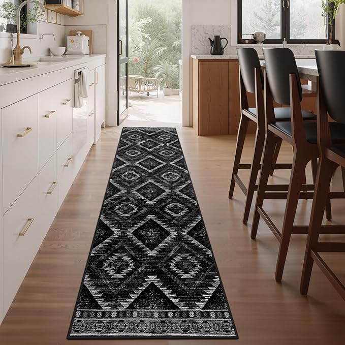 2'x8' Washable Area Rug for Living Room Runner Black | Soft Western No Slip Low Pile Print Foldable Indoor Small Rug for Kitchen entrance entryway hallway