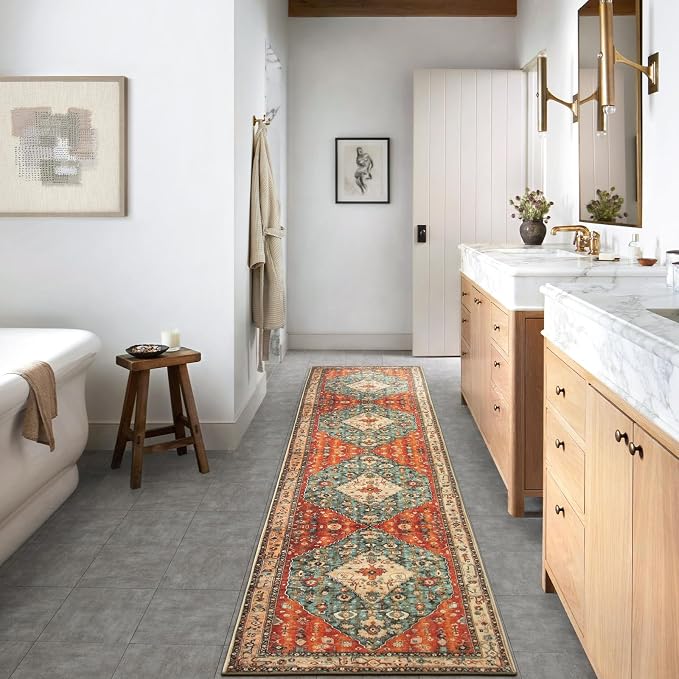 Lahome Felice Boho Tribal Runner Rugs with Rubber Backing, 2'6"x12' Long Hallway Runner Rug Washable Kitchen Rug Runner, Soft Non Slip Indoor Stair Carpet Runner for Bathroom Bedroom Hardwood Floors