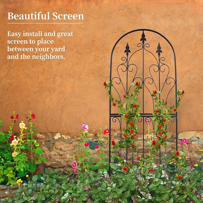 Garden Trellis for Climbing Plants 59" H x 21.7" W Metal Unique Design Decorative Garden Structure Weather-Resistant Lattice Outdoor Decor Flowers Roses Vine Ivy Clematis Black Coating
