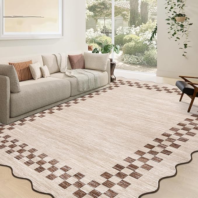 GarveeHome 8x10 Rug for Living Room Scalloped Washable Large Bedroom Rug | Non Slip Stain Resistant Modern Border Dining Room Throw Carpet Scalloped Rugs for Home Decor Office Nursery, Beige