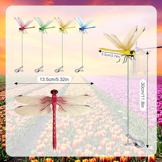 4 Pcs Dragon Fly Clips for Bugs Repel Lent - Lifelike Outdoor Decorative Dragonflies for Patio, Porch, Plants, Yard and Backpack, Waterproof Summer Garden Ornaments