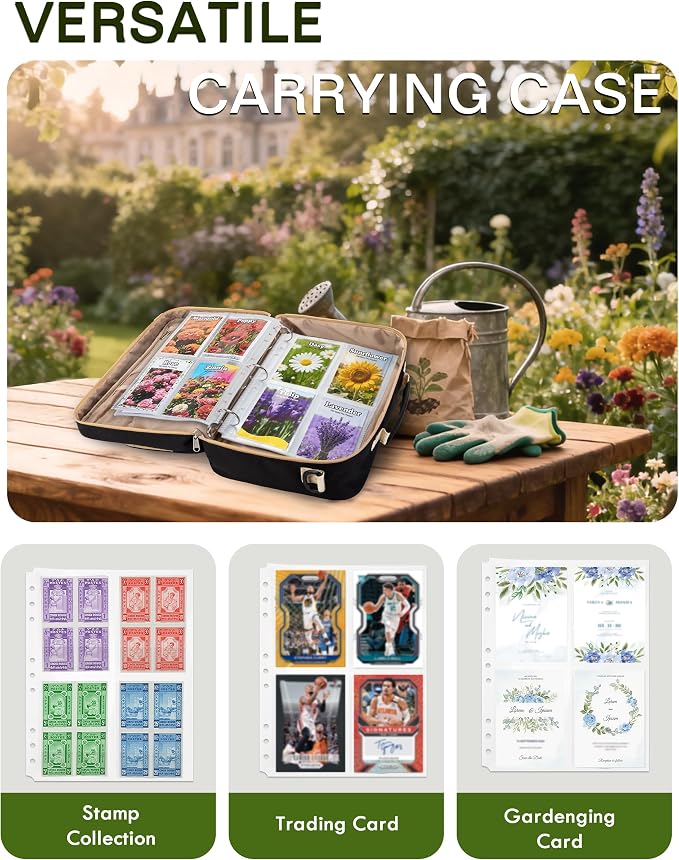 Seed Storage Organizer Binder with 20 Reusable Seed Envelopes | 30 Sheet Protectors Holds 120 Packets Envelopes, 1.5-Inch 3-Ring Binder, Handle & Adjustable Shoulder Strap,Ideal for Garden