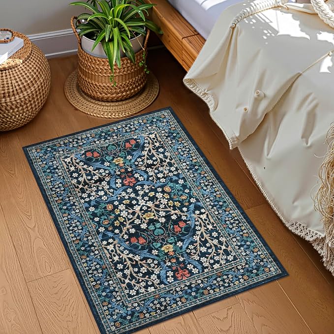 GarveeHome Blue Floral 2x3 Washable Rug Small Door Mat | Vintage Stain Resistant Rugs for Entryway Hallway Bedroom Bathroom Low-Pile Non-Slip Soft Botanical Boho Rug TPE Backing