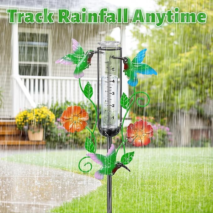 35.4” Hummingbird Rain Gauge Outdoor, Metal Rain Gauges Stake with 6“ Glass Tube, Decorative Rain Gauges for Yard Garden Lawn for Precipitation Measurement