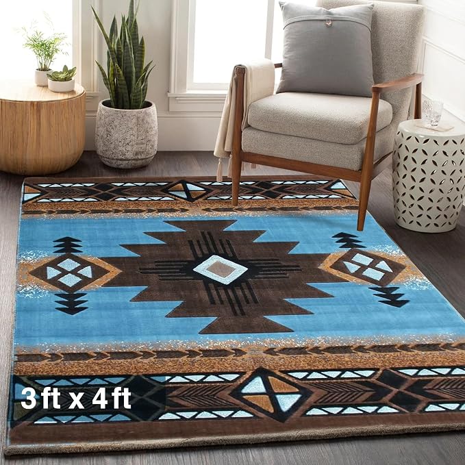 YHSF South West Native American Area Rug C318 - Easy Clean, Thick, Soft, Durable Native Tribal American Indian Inspired Rug for Bedroom/Living Room and More - Blue-Brown, 3 Feet x 4 Feet 7 Inches