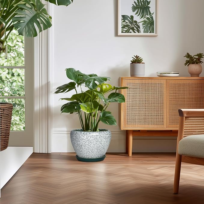 10 Inch Ceramic Planter, Crackle Green | Drainage Hole and Saucer, Indoor Outdoor, Round Modern Design, Garden Decor