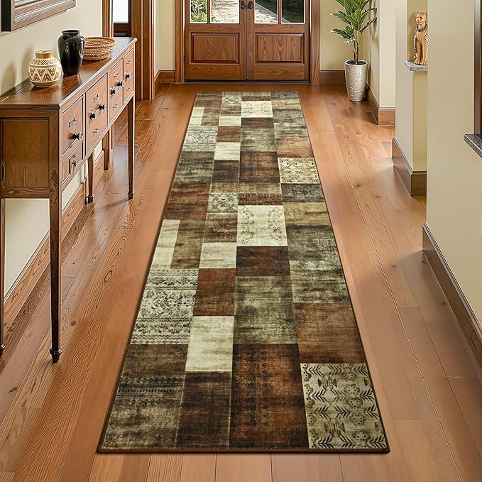 Runner Rug for for Hallways, 2'x6' Washable Kitchen Rugs with Non Slip Rubber Backing, Soft Low Pile Non-Shedding Geometric Carpet for Laundry Bedroom Bathroom, Brown