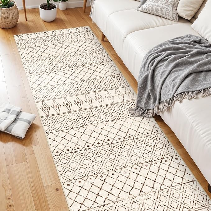 2'6"x8' Washable Hallway Runner Rug: Moroccan Kitchen Non Slip Rug Beige | Low Pile Geometric Floor Carpet with Rubber Backing Vintage Indoor Mats for Living Room Bedroom Laundry