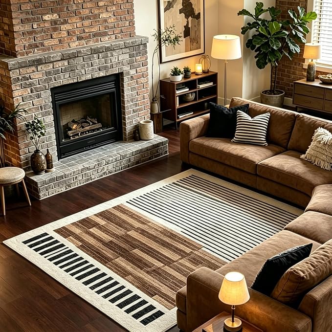 6x9 Washable Area Rug for Living Room, Abstract Striped, White Brown Black | Modern Geometric Color Block, Ivory Low Pile Non Slip Rug for Bedroom Dining Room Office, Soft Faux Wool
