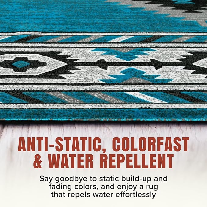 YHSF Southwestern Area Rug, Anti Static & Washable, Blue Lightning, 2ftx7ft | Soft Native American Tribal Floor Rugs for Living Room, Bedroom, Hallways, and More - Easy-to-Clean Home Decors
