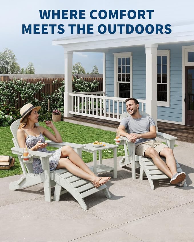 Folding Adirondack Chair Set of 5, All-Weather HDPE Outdoor Chair, Wooden Textured with Cup Holder for patios, Decks, Gardens, fire pits, White