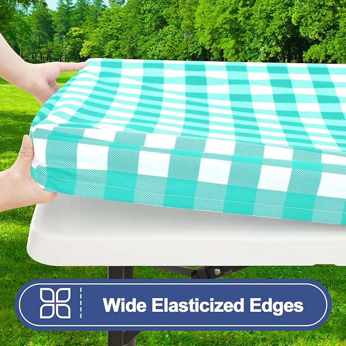 Smiry Picnic Table Cover with Bench Covers, Waterproof Elastic Fitted Tablecloths for 8 Foot Rectangle Tables, Washable Buffalo Plaid Tablecloth for Camping, Outdoor (Teal & White, 30"x72")