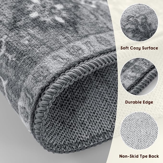 LBRO2M Machine Washable Rug Soft Pet Friendly Carpet 2X6 Dark Gray | Persian Runner Rug 2X6 for HallWay, Bedroom, Kitchen, Laundry Room, Non Slip Carpet, Foldable Stain Resistant Rugs
