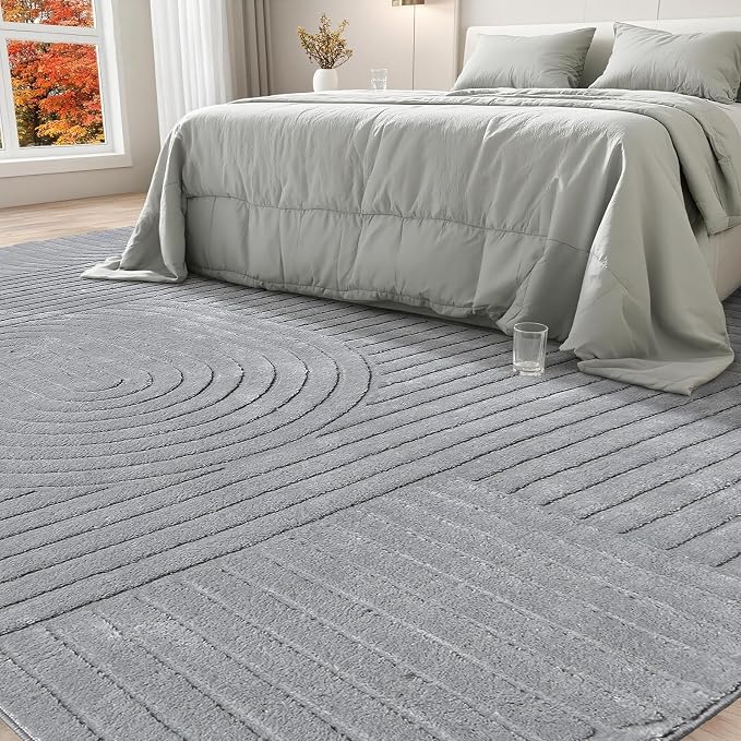 5x7 Solid Grey Area Rugs for Living Room, Washable Soft Bedroom Rug | Modern Geometric Boho High-Low Textured Fluffy Non-Slip Carpet for Bedside, Kids Room, Nursery, Entryway, Apartment, Office