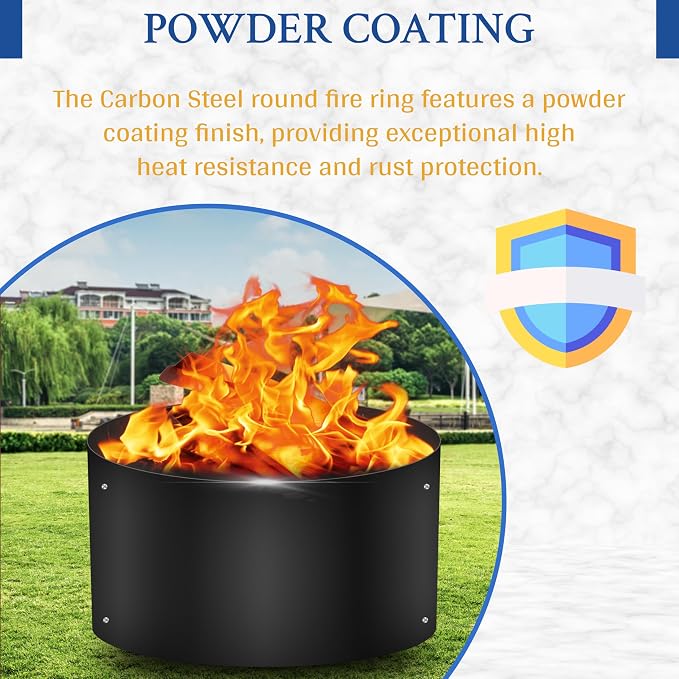 FEBTECH - 38" Dia x 12" H Fire Ring for Outside Fire Pit - No Bottom | Powder Coated 2mm Carbon Steel Deep Fire Ring Insert Liner for Above or In Ground Fire Pit, Outdoor Garden & Camping