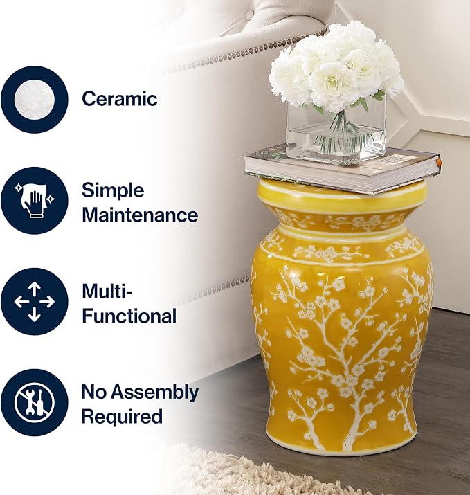 JONATHAN Y Cherry Blossom Ceramic Garden Stool 17.75" Chinoiserie Floral Drum Side Table for Patio and Living Room, Indoor Outdoor Plant Stand, Traditional, Yellow/White TBL1017E