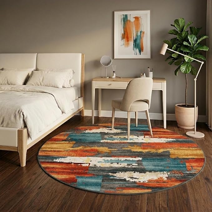 6Ft Burnt Orange and Teal Abstract Brushstroke Area Rug | Soft Low-Pile Machine-Washable Rug with Non-Slip Backing for Dining Rooms, Entryways and Reading Areas for Easy Everyday Care