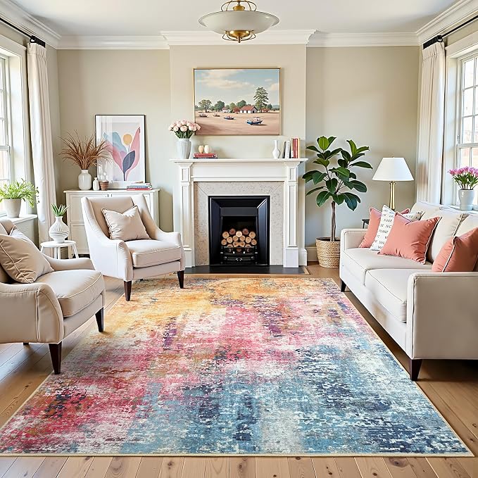 4x6 Colorful Washable Area Rug for Living Room Bedroom, Modern Abstract Non-Slip Rugs, Low Pile Soft Stain Resistant Carpet for Dining Room, Kitchen, Office, Dorm, Bedside Decor