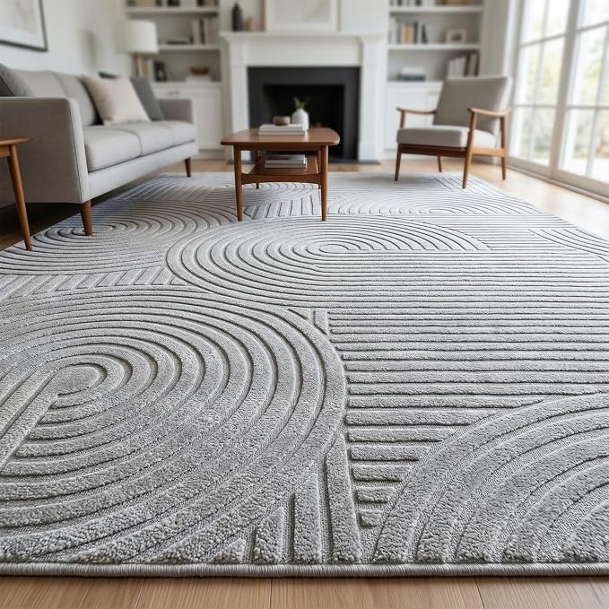 Grey Geometric 5x7 Solid Area Rug, Washable for Living Room Bedroom | Ultra Soft Thick Boho High-Low Pile Textured Indoor Carpet, Fluffy, Non-Slip Rugs for Bedside, Kids Room, Nursery,Home Office