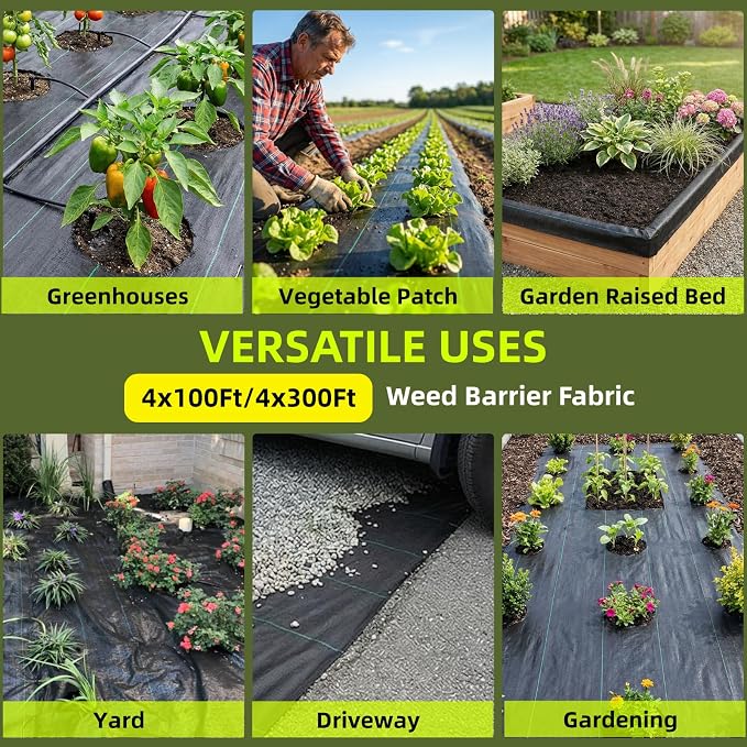 Rohuis Weed Barrier Landscape Fabric 4ft x 100ft, 3.2OZ Heavy Duty Woven Ground Cover for Garden Beds, Gravel Paths, Driveways and Rock Landscaping, Permeable Weed Control Mat with 20 U-Shaped Pegs