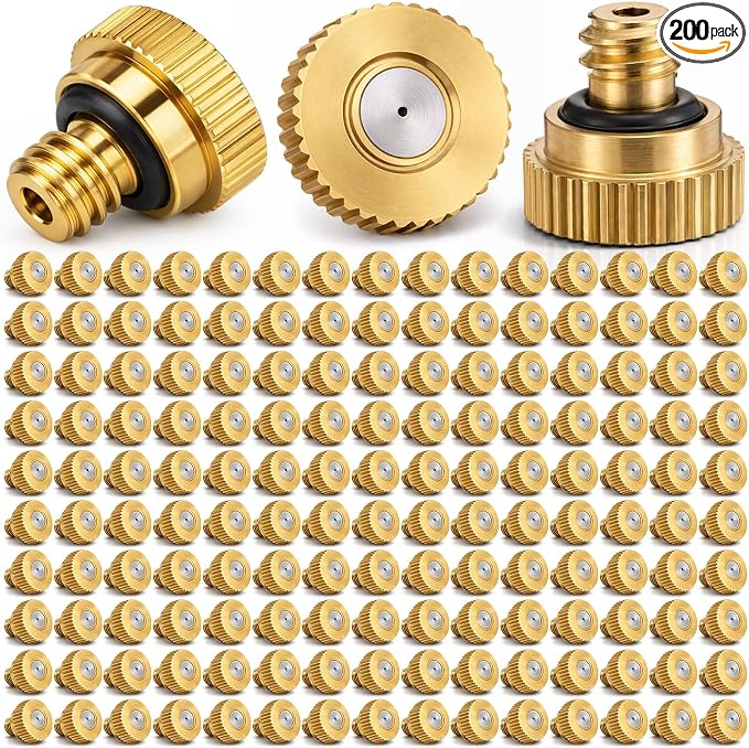 Zhengmy 200 Pcs 0.1mm Brass Misting Nozzles, Mister Nozzles Brass for Outdoor Cooling System Orifice 10/24 UNC Replacement Heads for Outdoor Cooling System(Gold)