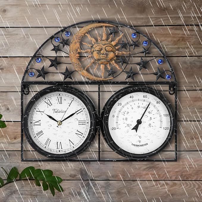 17Inch Large Outdoor Clock,Waterproof Wall Clock with Thermometer,Weatherproof Non-Ticking Quartz Battery Operated Decor Clock for Patio,Garden,Pool,Porch,House Warming Gifts