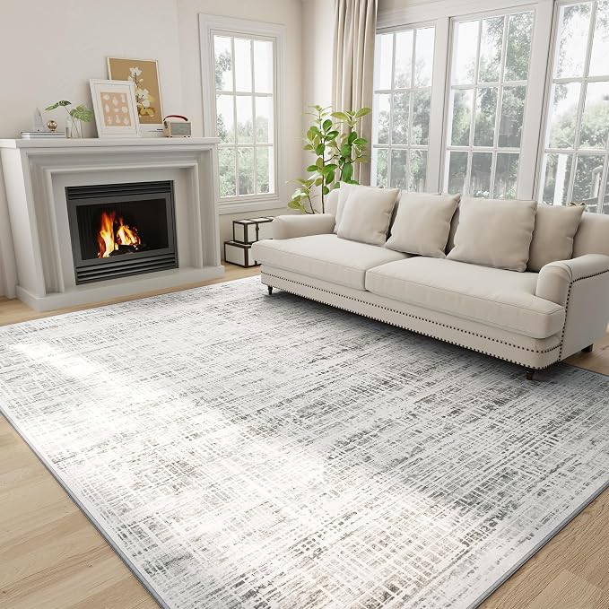 6x9 Washable Area Rug for Living Room Bedroom: Non-Slip Modern White Gray | Machine Washable TPR Backing, Stain-Resistant Low Pile, Pet & Kid Friendly, Abstract Decor for Dining Room, Dorm, Home Office