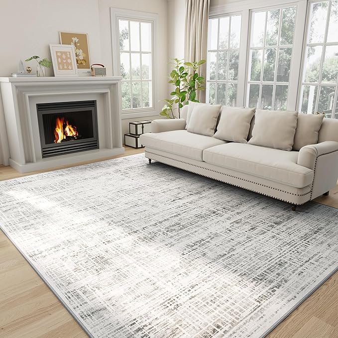8x10 Washable Area Rug for Living Room Bedroom: Non-Slip Modern White Gray | Machine Washable TPR Backing, Stain-Resistant Low Pile, Pet & Kid Friendly, Abstract Decor for Dining Room, Dorm, Home Office