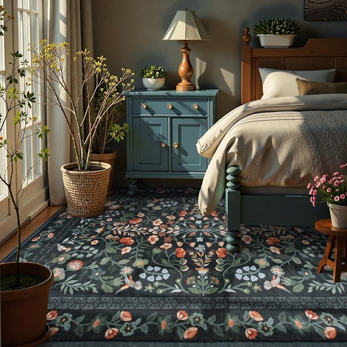Lahome Black Floral Washable Area Rug 8x10, Vintage Boho Carpet | Non Slip Stain Resistant Carpet for Living Room Bedroom, Low-Pile Soft Rug for Dining Room Office, Home Decor