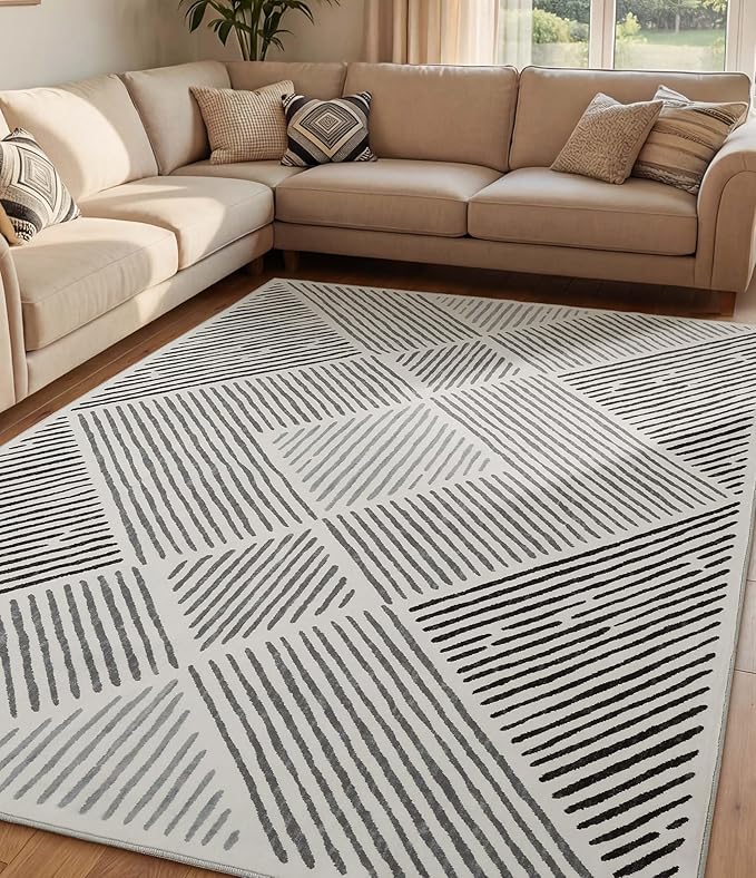 5‘x7' Washable Black and White Rug, Modern Area Rug for Living Room | Non-Slip, Low Pile, Stain Resistant, Black Geometric Stripe Rug for Bedroom Dining Room