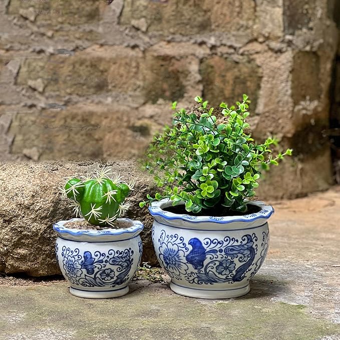 HakkaGirl Blue and White Planters, Succulent Pots Ceramic Plant Pots Indoor with Drainage for Home Décor - Set of 3