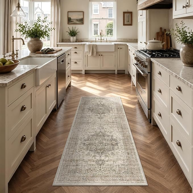 2x6 Vintage Runner Rug Low Pile Non-Slip Washable Hallway Rug | Retro Print, Non-Shedding, Soft Washable Neutral Carpet, Stain Resistant Runner, for Hallway Kitchen Bedroom Laundry Room