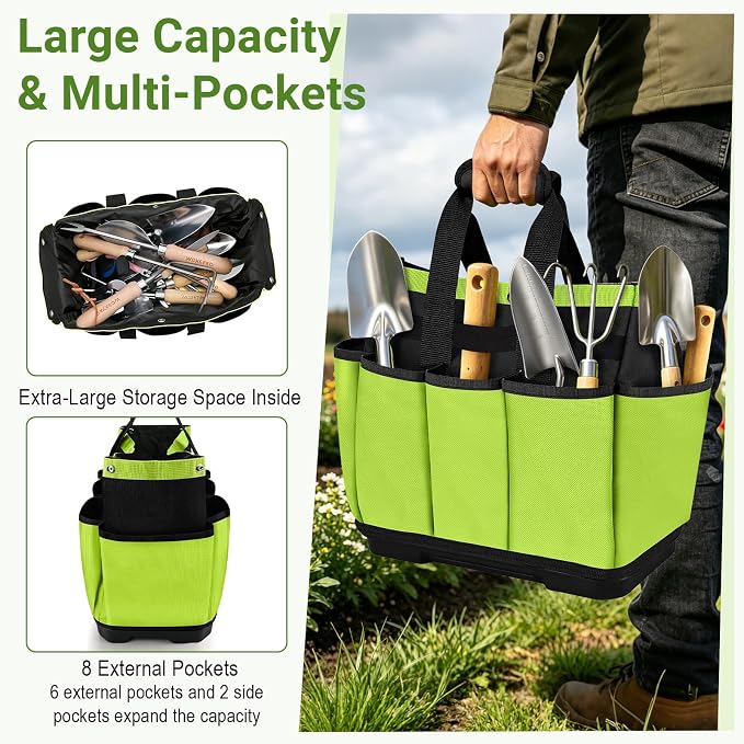 Garden Tool Bag with Waterproof Plastic Base, Heavy Duty Oxford Garden Tote Caddy with 8 Pockets, Standable Home Tool Kits Organizer for women and men (Tools are not included)